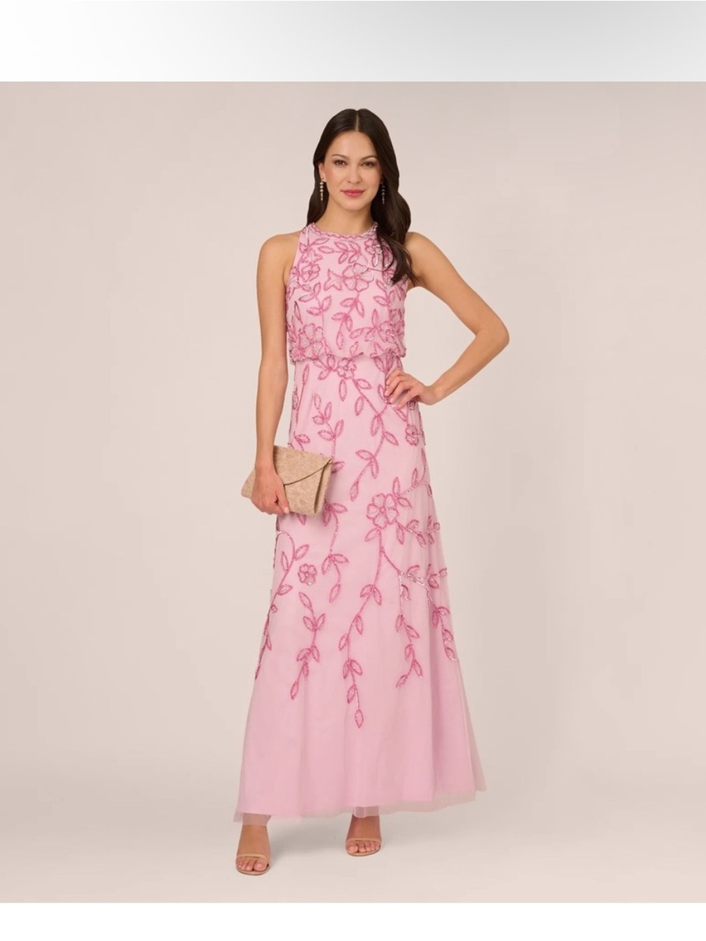 Adrianna Papell Pink Beaded Gown Size 10 NWT Floral Sequin Formal Dress GALA MOB